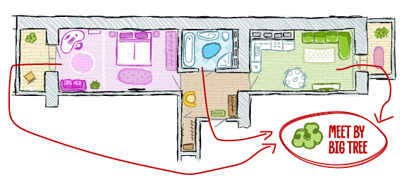 Map of first-floor of a home with arrows displayign evacuation routes